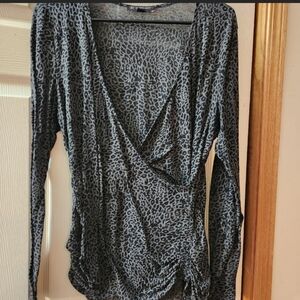 INC Women's Gray Leopard Print Wrap Top